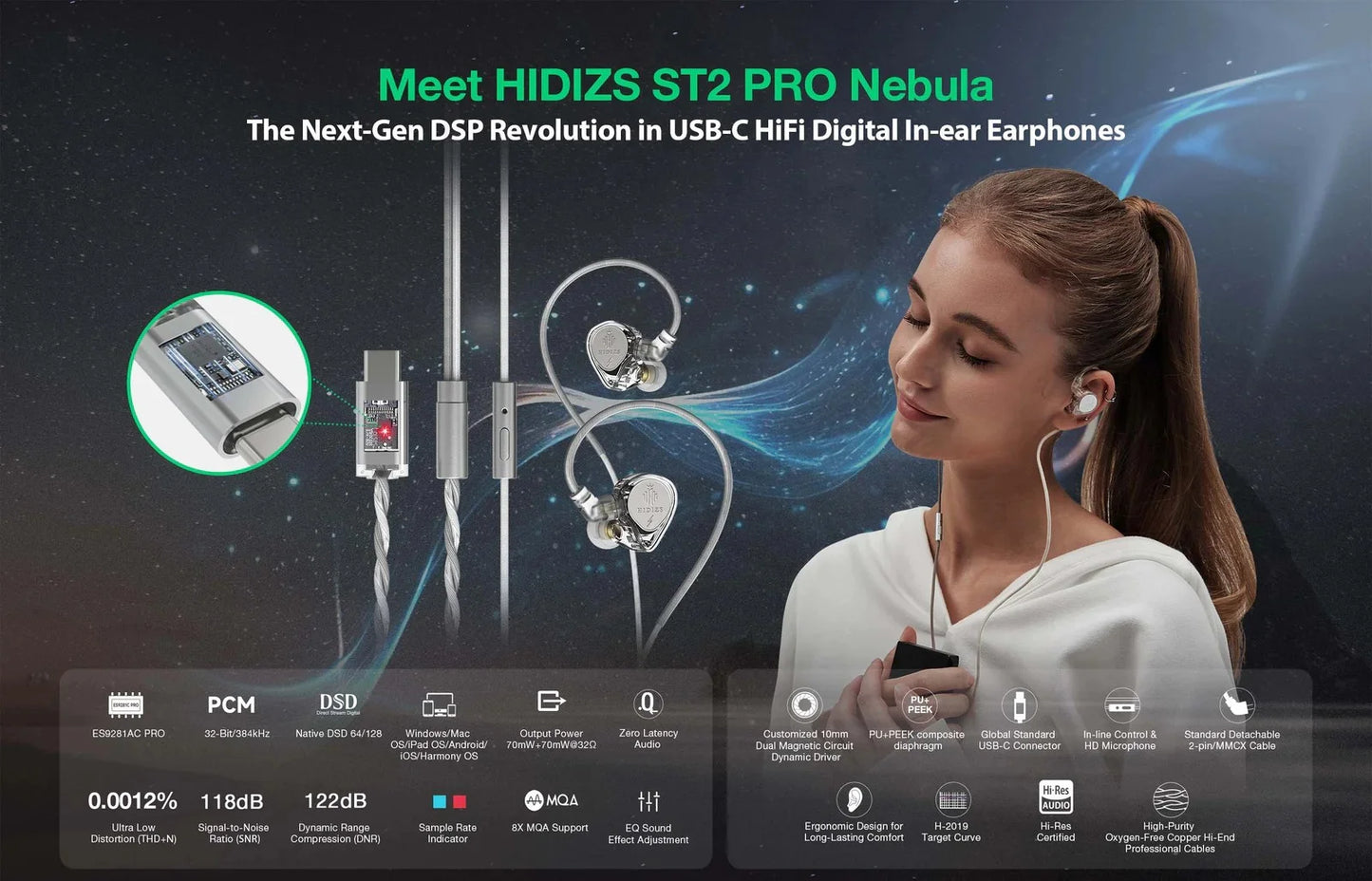 HIDIZS ST2 PRO Nebula 2-in-1 DAC & USB-C In-Ear Earphones with High-Performance ES9218AC Pro ESS DAC Chip Wired Earphone