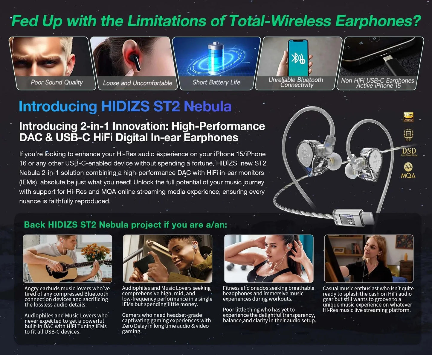 HIDIZS ST2 PRO Nebula 2-in-1 DAC & USB-C In-Ear Earphones with High-Performance ES9218AC Pro ESS DAC Chip Wired Earphone