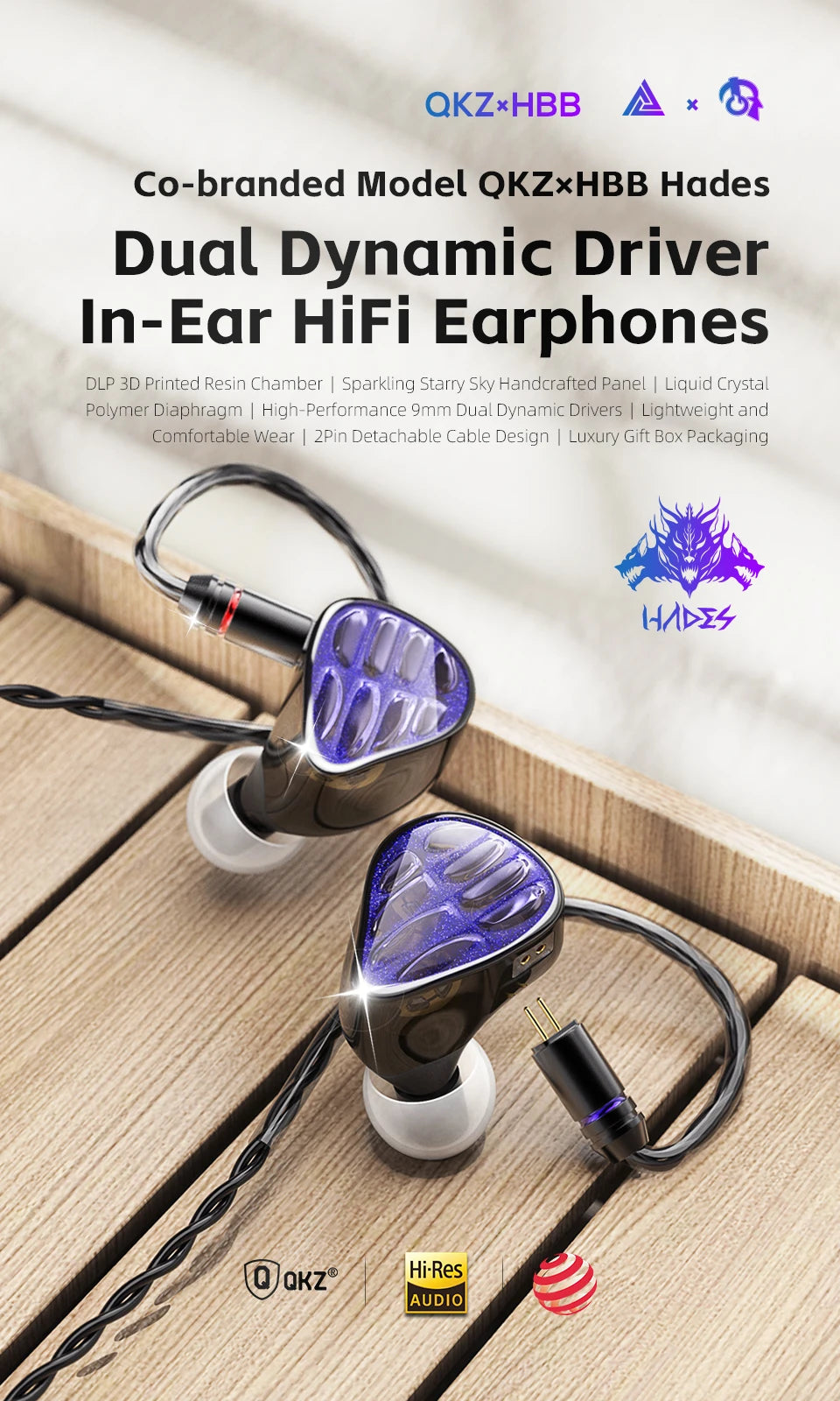 QKZ x HBB Hades 2DD In-Ear Monitor HiFi Earphone Wired Earbuds with Detachable Cable for Audiophiles Musicians