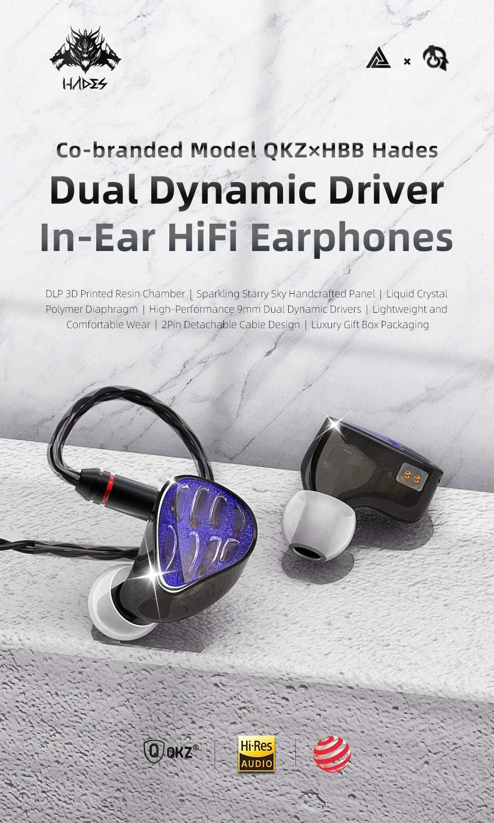 QKZ x HBB Hades 2DD In-Ear Monitor HiFi Earphone Wired Earbuds with Detachable Cable for Audiophiles Musicians