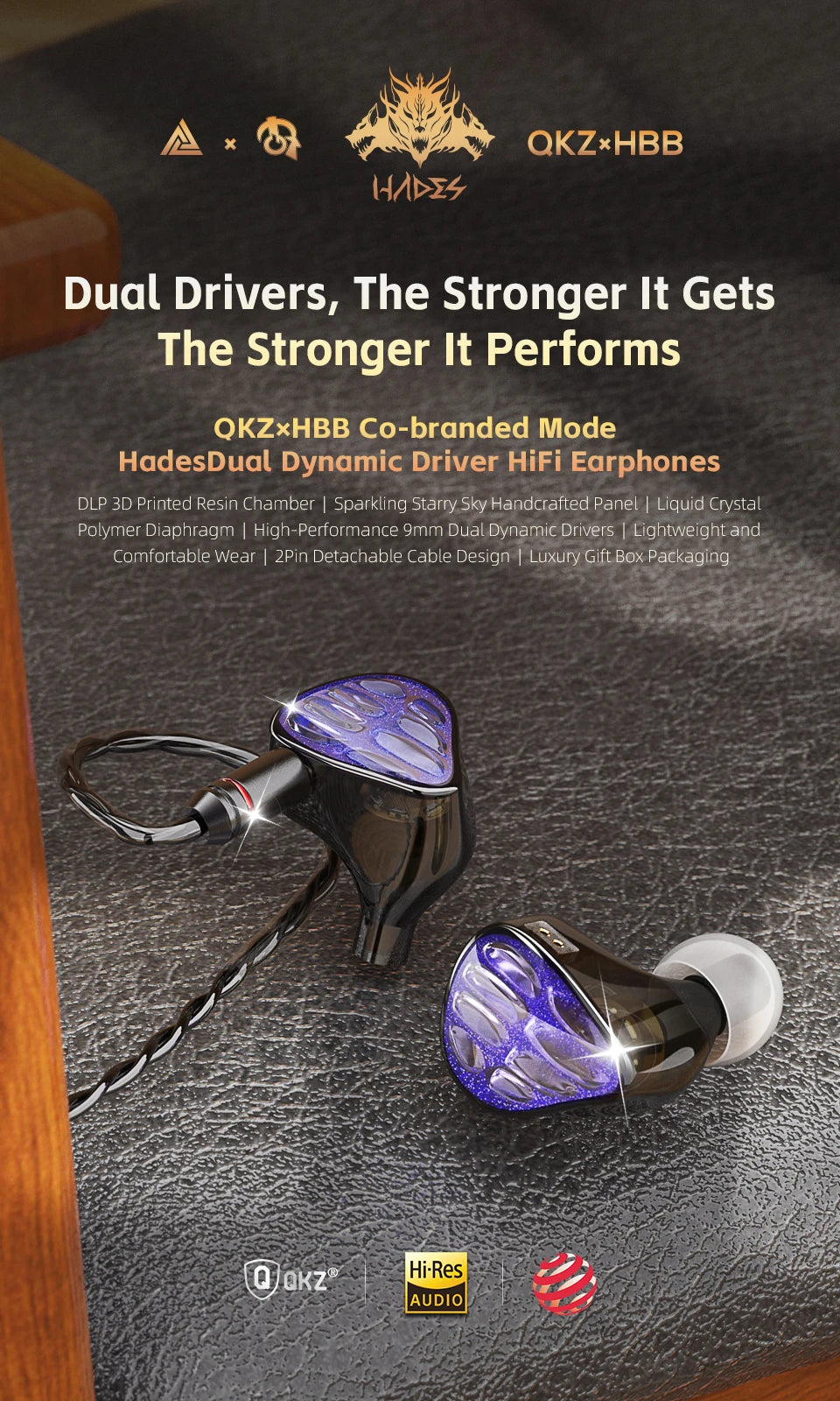 QKZ x HBB Hades 2DD In-Ear Monitor HiFi Earphone Wired Earbuds with Detachable Cable for Audiophiles Musicians