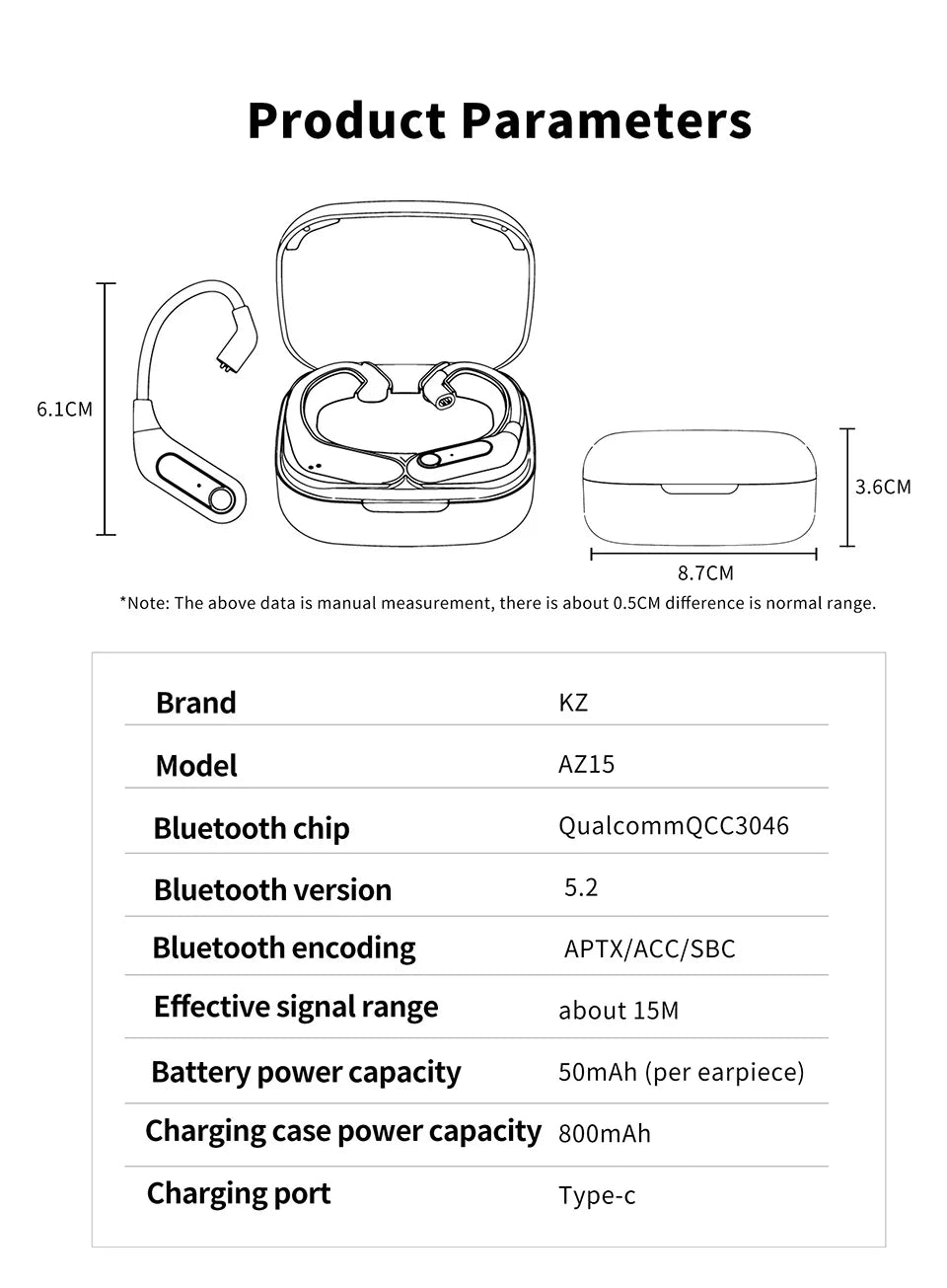 KZ AZ15 Bluetooth-compatible 5.2 Wireless Ear Hook Upgrade QCC3046 Wireless Module with Charging Case