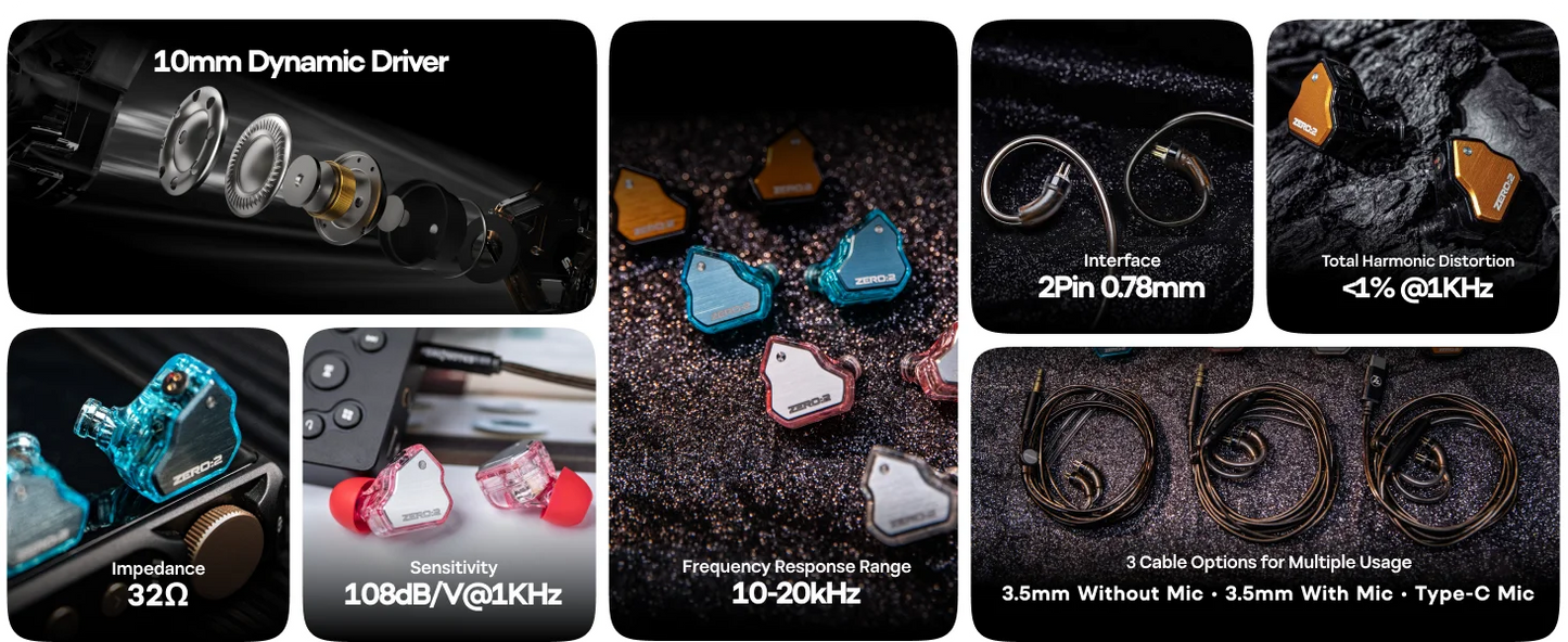 7Hz x Crinacle Zero 2 IEM Wired Earbuds Updated 10mm Dynamic Driver Earphones Gaming Earbuds with OFC IEM Cable for Musician