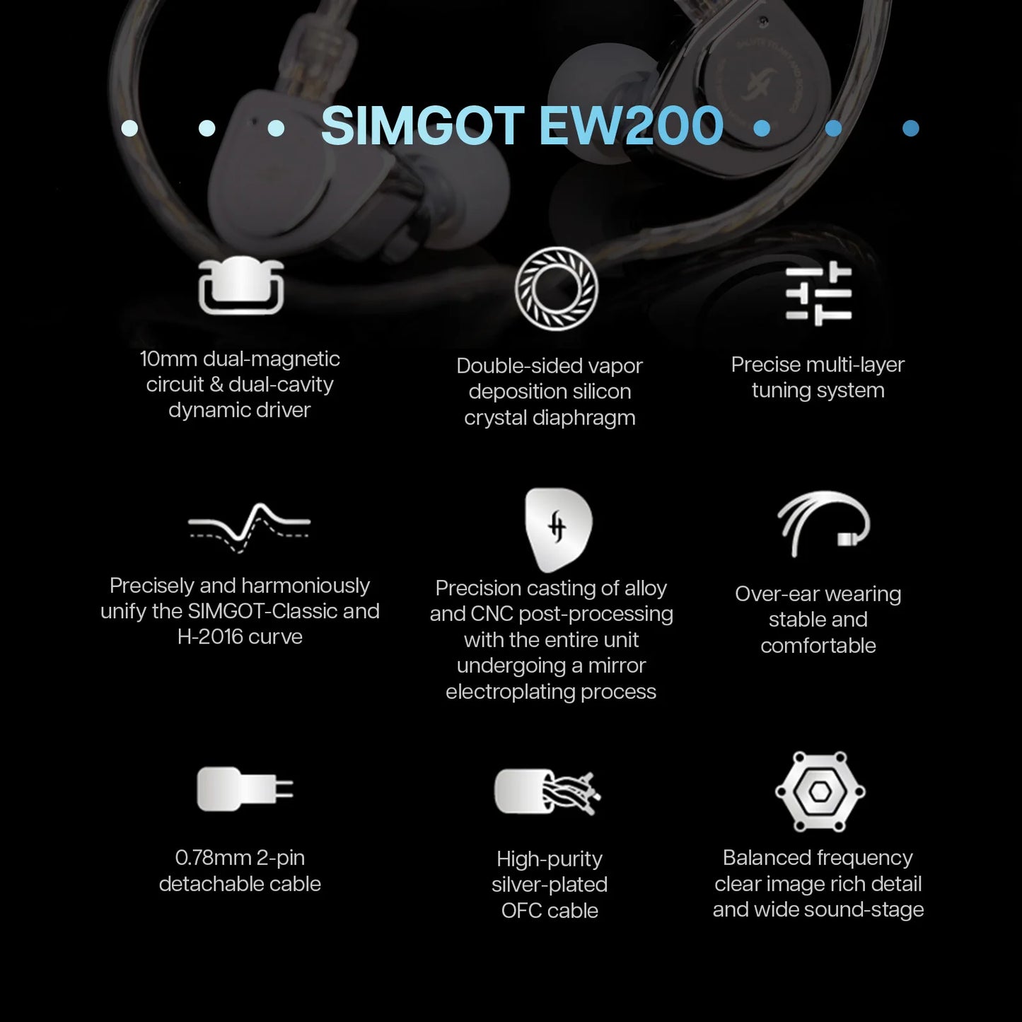 SIMGOT EW200 10mm SCP Diaphragm Dual-Magnetic-Circuit & Dual-Cavity Dynamic Driver In-Ear Earphones