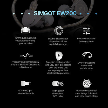 SIMGOT EW200 10mm SCP Diaphragm Dual-Magnetic-Circuit & Dual-Cavity Dynamic Driver In-Ear Earphones