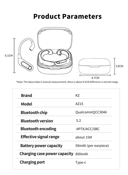 KZ AZ15 Bluetooth-compatible 5.2  Wireless Ear Hook Upgrade  QCC3046 Wireless Module  with Charging Case