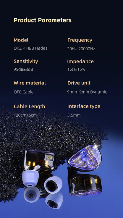 QKZ x HBB Hades 2DD In-Ear Monitor HiFi Earphone Wired Earbuds with Detachable Cable for Audiophiles Musicians